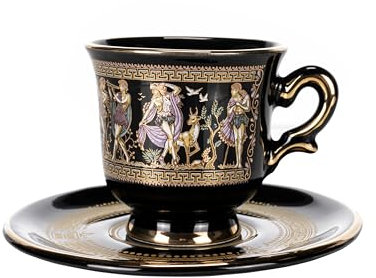Set di 6 tazze da caffè in porcellana antica greca con piattini, colore nero/oro