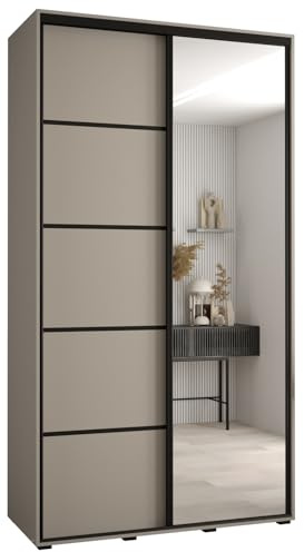 MEBLE KRYSPOL Dakota 5 Schrank mit Zwei Schiebetüren - Moderner Kleiderschrank mit Spiegel, Kleiderstange und Regalen - 235,2x140x45cm - Kaschmir Schwarz
