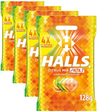 Halls Cítricos Mix Caramelos Duros Sabor Cítrico, 4 x 32g (Paquete de 4)