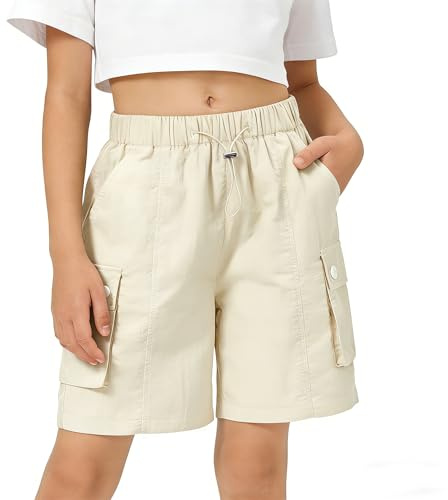 Rolanko Enfant Shorts Fille Sport Actif Èté Cargo Bermudas Shorts pour Ado Course Gym Pantalon Court Parachute, Beige, Taille: 10-11 Ans/150