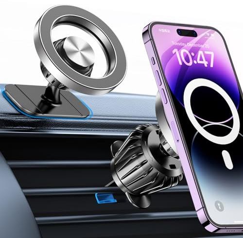 Coolpow Support Telephone Voiture Magsafe,Porte Téléphone Voiture Aimanté | [Super Aimants & 360°] Aimant Telephone Voiture Grille Ventilation GPS Accessoire Voiture Interieur pour iPhone 17 Pro Max 16