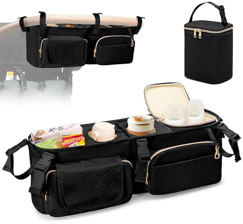 Prokva Kinderwagen-Organizer, kompatibel mit Wonderfold W4 Wagen, Eltern-Konsole, Caddy Wagon Zubehör mit Getränkehalter und Kühltasche, Schwarz (leere Tasche)