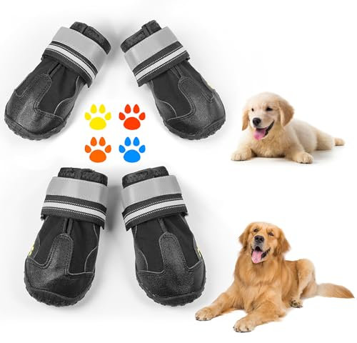 Arespark Hundeschuhe Pfotenschutzschuhe, 4 Stück atmungsaktive Hundeschuhe mit rutschfester Sohle,Reflektierende Schnallen,für mittlere bis große Hunde geeignet,Outdoor-Aktivitäten in Schwarz, Größe 2