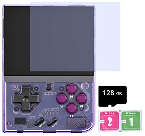 MIY-OO Mini Plus - Consola de juegos de mano retro con funda de almacenamiento, tarjeta TF de 128 G con más de 11000 juegos, sistema Linux con pantalla IPS de 3.5 pulgadas, consola de videojuegos
