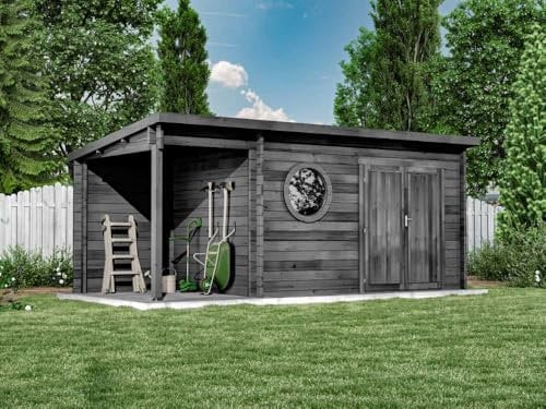 Alpholz Gartenhaus Maria-Rondo 44 C Gartenhaus aus Holz in Grau, Holzhaus mit 44 mm Wandstärke inklusive Schleppdach, Blockbohlenhaus mit Montagematerial