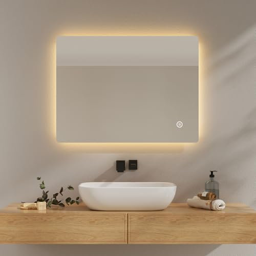 EMKE Badspiegel mit Beleuchtung 60x80 cm, Badezimmerspiegel mit 3 dimmbaren Lichtfarben, Beschlagfrei, Touch, 3-Stunden-Abschaltung