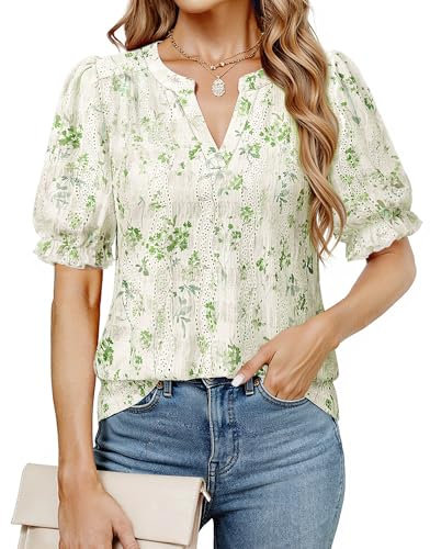 Cerrlop Blusa para mujer con bordado con agujeros, elegante, cuello de pico, camiseta holgada, manga corta, túnica, informal, aspecto informal, Flores verdes, XL