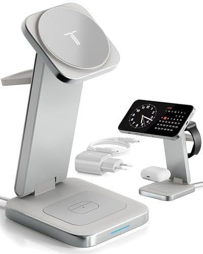 TEGLER 3-in-1 MagSafe Ladegerät – hochwertiges Aluminium – Kabelloses Ladegerät für iPhone, Apple Watch und AirPods, faltbar, Ladestation für Apple Watch und iPhone, mit 20W Adapter & USB-C Kabel