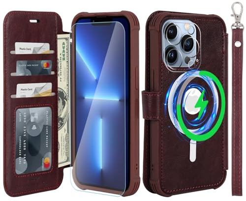 VANAVAGY Wallet Case for iPhone 13 Pro for Magsafe,Burgundy | PU Leather Flip,Slim,12ft Drop Protection,RFID Blocking Card Holder,Magsafe Wireless Charging,Includes Screen Protector