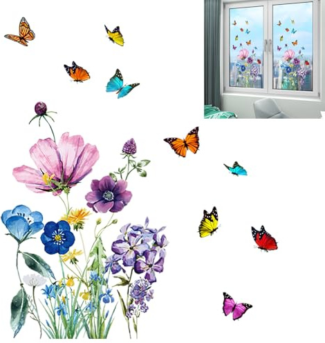Fensterbilder Frühling Blumen & Schmetterlinge, 27x45 cm Wiederverwendbare Selbstklebende, Pflanzen Deko für Fenster, Glas & Wände, Statische Fensteraufkleber für Wohnzimmer, Küche, Bad & Kinderzimmer