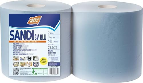 Sandi - Rollos de papel industrial, 3 capas, color azul, gofrado, 2 rollos de 500 tiras, celulosa pura