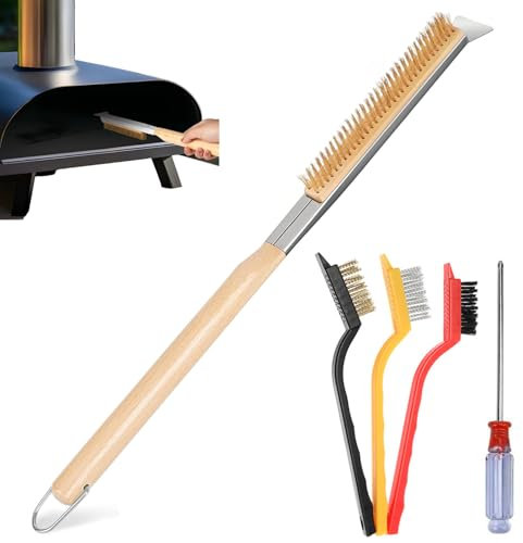 Pizzaofen Bürste, 66 cm Pizzaofen-Zubehör mit Stahlschaber Edelstahl Pizzaofenbürste Grillbürste Messingborsten Holzgriff für Außenöfen Gasgrill