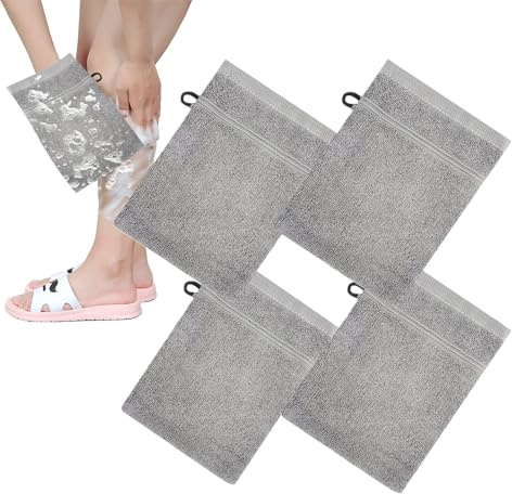 Gants de bain pour douche, gants de bain doux avec anneau - 4 pièces éponge coton pour main visage cuir homme enfant