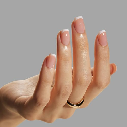 LAMIMOSA 32Pcs French Tip False Nails with Glue - Short Square Press on Nails kit, Soft Gel Fake Nails in 16 Sizes, Reusable Semi-Transparent Stick on Nails, FRENCHY