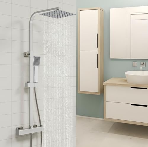 Biubiubath Colonne de Douche Thermostatique avec Mitigeur Réglable en Hauteur, Kit de Douche pour Salle de Bain (Gris clair)