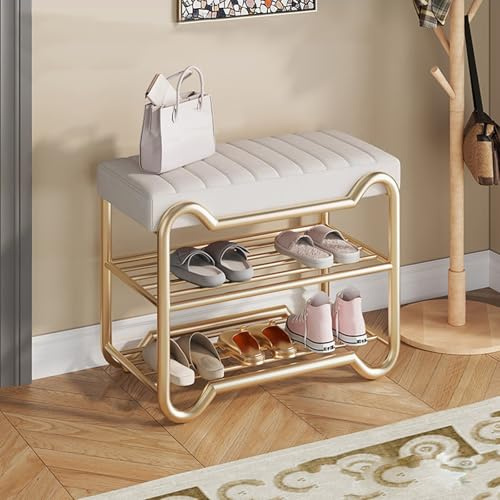 GDBTDL Schuhregal mit 2 Ebenen, Leder-Polsterbank, Metall, moderne Flur-Schuhbank für Wohnzimmer, Flur und Haustür, einfache Montage, platzsparendes Design und funktional
