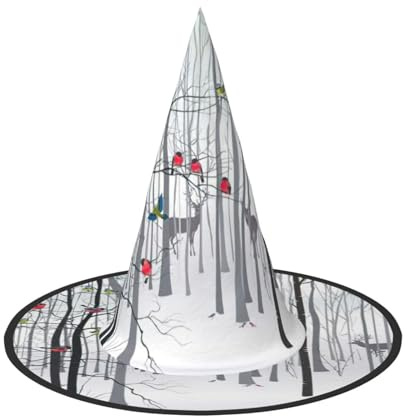 YUBVCF Halloween-Hut für Damen, Motiv: Schnee, Hirsch, Vogel, Brich, Baum, für Cosplay, Oxford-Stoff, Halloween-Hut für Maskerade-Partys