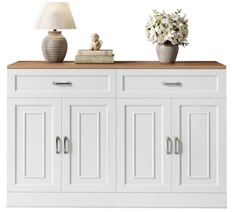 HAINEW Commode - Buffet avec 4 portes et 2 tiroirs - Pour chambre à coucher, salon - 120 x 35 x 80,5 cm - Avec étagères réglables et poignées en métal - Naturel et blanc