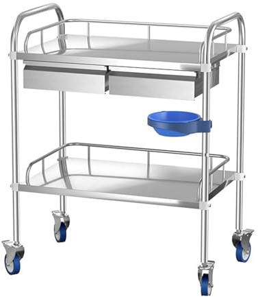 BSKJMMP Servierwagen mit Rollen, 2 Etagen, Edelstahl, zwei Schubladen, strapazierfähig, 360° drehbar, kommerziell für Restaurant, Büro