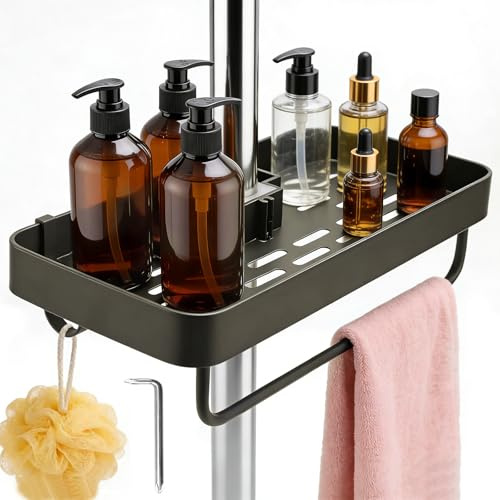 VZXZXE Duschablage ohne Bohren, Rostfreie Duschregal für Duschstange 22-25 mm, mit 2 Haken & Handtuchhalter, Badregal Shampoo Halterung für Dusche, Universell Verstellbar