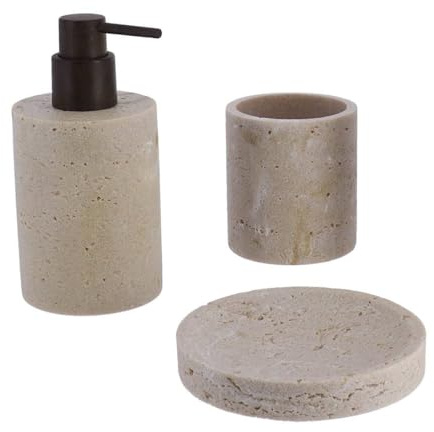 Tendance - Set Gobelet Distributeur à Savon et Porte Savon Polyrésine Façon Travertin - Naturel - Salle de Bain - Accessoire Salle de Bain à Poser