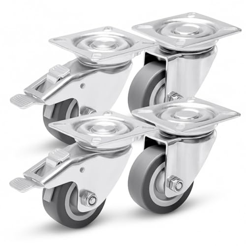 PRIOstahl Transportrollen 50mm Grau | Set 4 Möbelrollen | 2 Lenkrollen mit Bremse + 2 Lenkrollen | Leise & spurlos | Robuste Apparaterollen für Möbel, Werkstatt, Industrie, Garage, Schrank & Regale