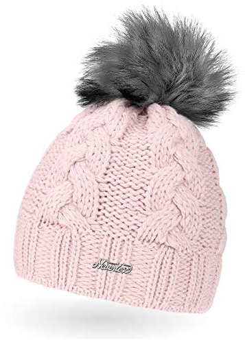 Neverless Damen Strick-Mütze gefüttert mit Kunstfell-Bommel, Winter-Mütze, Bommelmütze, rosa Unisize