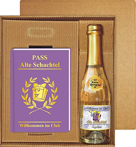 AV Andrea Verlag Willkommen im Club der Alten Schachtel, ultimative Pass für alte Schachteln mit Piccolo Sekt 22 Karat Blattgold 0,2 l 10% vol. im Geschenke Set