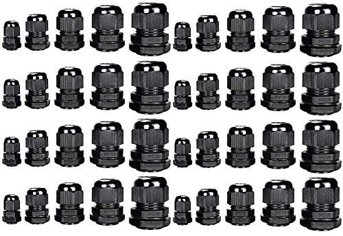 Cable Glands Plastic Waterproof Adjustable 3.5-13mm Cable Glands Joints Wire Protectors PG7, PG9, PG11, PG13.5, PG16, Pack of 40