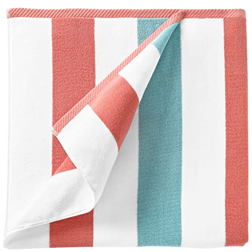 Laguna Beach Textile Co. Gestreiftes Cabana-Strandtuch, übergroß, flauschig, 630 g/m², Baumwolle, Korallenrot und Meeresgrün (Coral Orange & Sea Glass Green)