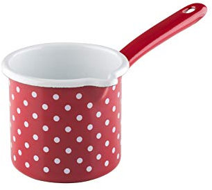 Riess, 0284-077, cazo con mango 10 0,75 L, puntitos rojos, diámetro 10 cm, altura 10 cm, capacidad: 0,75 litros, esmalte, olla para leche, rojo/blanco, olla esmaltada Riess
