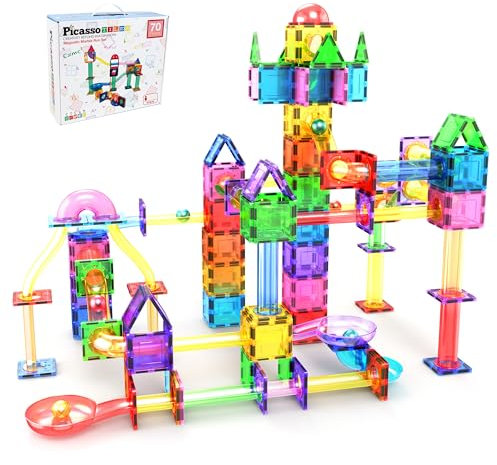 PicassoTiles 70 Stück Murmelbahn Rennbahn Magnetische Fliesen Magnet Baustein Pädagogisches Konstruktionsspielzeug Set Spielset STEM Lernkit Kind Gehirnentwicklung HandAuge Koordination Training PTG70