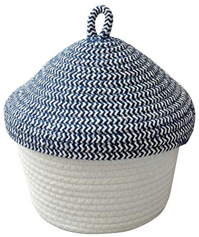Inwagui Cotton Rope Woven Storage Basket with Lid Small Baby Hamper Foldable Decor Storage Box Home Organiser for Makeup, Desk, Bedroom - Navy Blue/White