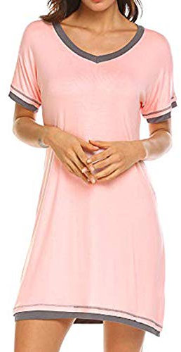 FANSU Chemise de Nuit Femme Manche Courte Sexy Pyjamas Élégant Robe de Nuit Col en V en Simple T Shirt Vêtement de Nuit Couleur Unie Grande Taille (XL,Rose)