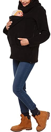 amropi Tragejacke für Mama und Baby 3 in 1 Damen Langarm Kapuze Känguru Umstandsjacke Warm Tragepullover mit Babyeinsatz Schwarz,M