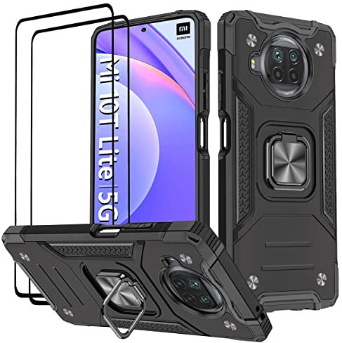 KANSi Hülle kompatibel für Xiaomi Mi 10T Lite 5G, Schutzfolie [2 Stück] Silikon TPU Hart PC Handy Hüllen 360 Grad Drehbar Ringhalter Bumper Stoßdämpfung Schutzhülle für Mi 10T Lite 5G - Schwarz