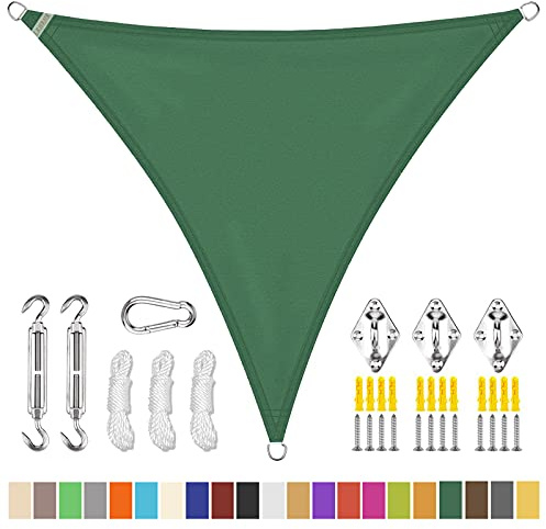 Sonnensegel Dreieckig Polyester Windschutz Wasserdicht UV Schutz Sonnensegel Sonnenschutz mit Befestigungs Kit, für Garten Balkon Camping- Dark Green|| 3x3x4.3m