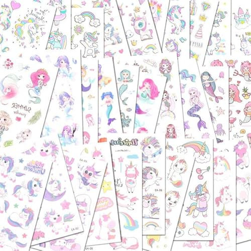ACWOO Einhorn Tattoo Kinder, 30 Blätter 350 Stücke Einhorn Meerjungfrau Tattoos Set, Wasserdichte Kindertattoos Aufkleber, Temporäre Tattoos für Mädchen Jungen Kindergeburtstag Mitgebsel Party