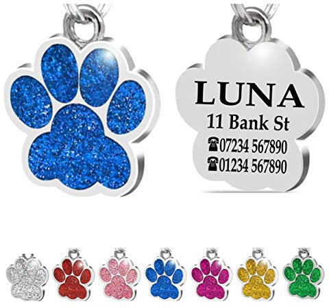 Iberiagifts - ID Tag Paw For Small/Medium Pets, For Dogs And Cats, Engraved And Personalised Identity Collar Plate (Blue), 24 x 27 mm