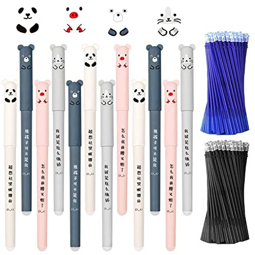 Meanju 12 Stück Cartoon Gel Ink Pen Gelschreiber mit 6 Blaue und 6 Schwarze Nachfüllungen,Cartoon Radierbarer Kugelschreiber,Gelschreiber Süße Schweine Panda Gel Stift 0.35mm (Blau)