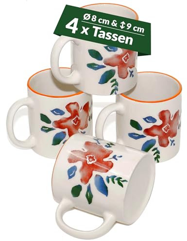 Lashuma Frühstückstassen Set 300 ml, Keramiktassen bunt Blütenfest, 4x Kaffeetassen mit Henkel