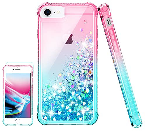 Pilaru for iPhone SE 2022/2020 & 6/6S/7/8 Case Clear Liquid Heart Lovely Glitter Soft TPU Cover Transparent Girly Protective Phone Case for iPhone 6/6S/7/8,Pink/Teal