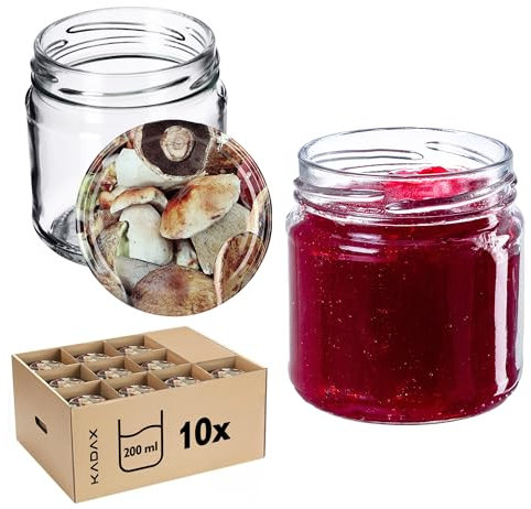 KADAX Bocaux hermétiques en verre de 200 ml, petits plateaux avec couvercle à vis pour fruits en conserve, confitures et miel (lot de 10, champignons)