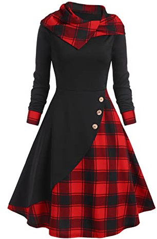 Routefuture Robe Femmes Vintage des Années 50 Chic et Elegant avec Capuche Imprimé à Carreaux Rockabilly Robes Cocktail 2022 Mode Jupes d'automne Et d'hiver Pas Cher (Rouge,S)