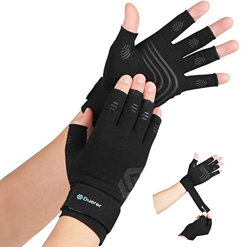 Duerer Guanti a compressione per artrite con cinghia, uomo donna per RSI, tunnel carpale, reumatismi, tendinite, dolore alle mani, supporto mani guanti senza dita per computer (Nero, L)