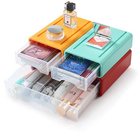 OSteed Stackable Desk Organiser Drawers, 3 Mixed Plastic Storage Drawer Units, Compact Desktop Storage Drawers A4 Paper, Stationary Organiser, Craft Drawers for Bathroom, Dorm & Office, Red+