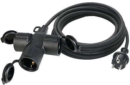 Verlängerungskabel Outdoor 10m mit 3 Schuko-Steckdosen, Gummi Verlängerung 3500W mit Schutzkappe für den Außenbereich IP44, Stromkabel H05RR-F 3G1,5mm² mit 3-Fach Verteiler, 16A/250V, Schwarz