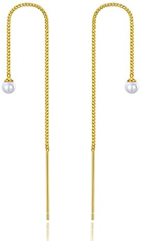 Stäbchen Durchzieher Ohrringe Gold 18k Vergoldetes Silber 925 Hängend Lang Quasten Einfädler Ohrringe Mit Perlen Anhänger Perlen Ohrringe Stecker Ohrhänger Runde Perle Geschenke für Damen Mädchen