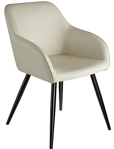 tectake 800846 Esszimmerstuhl mit Armlehnen, gepolsterte Stoff Sitzfläche, für Wohnzimmer Esszimmer Küche Büro, Schwarze Metallbeine (Creme | Nr. 404764)