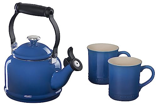 Le Creuset Enamel On Steel Demi Kettle with Metal Finishes & Stoneware Set of 2 Mugs, 1.25 qt. Kettle & (2) 14 oz. Mugs, Marseille